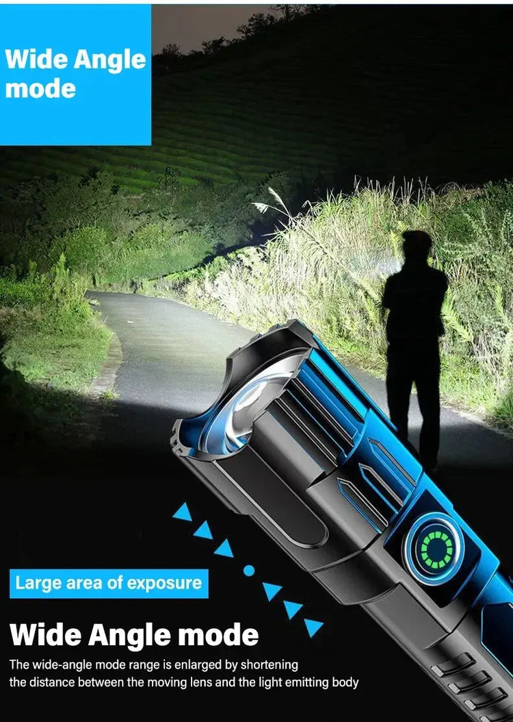 Torce a LED ad alta potenza Torcia tattica da 2000LM con luce display Ricarica USB Lanterna con zoom di emergenza per pesca da campeggio - My Hashtag Shop