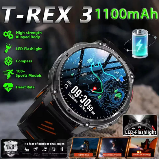 Nuovo T-REX3 Ultra 1100mAh Batteria SmartWatch 10ATM GPS impermeabile Bussola Torcia 1.7 "AMOLED HD Chiamata Sport Smart Watch da uomo - My Hashtag Shop