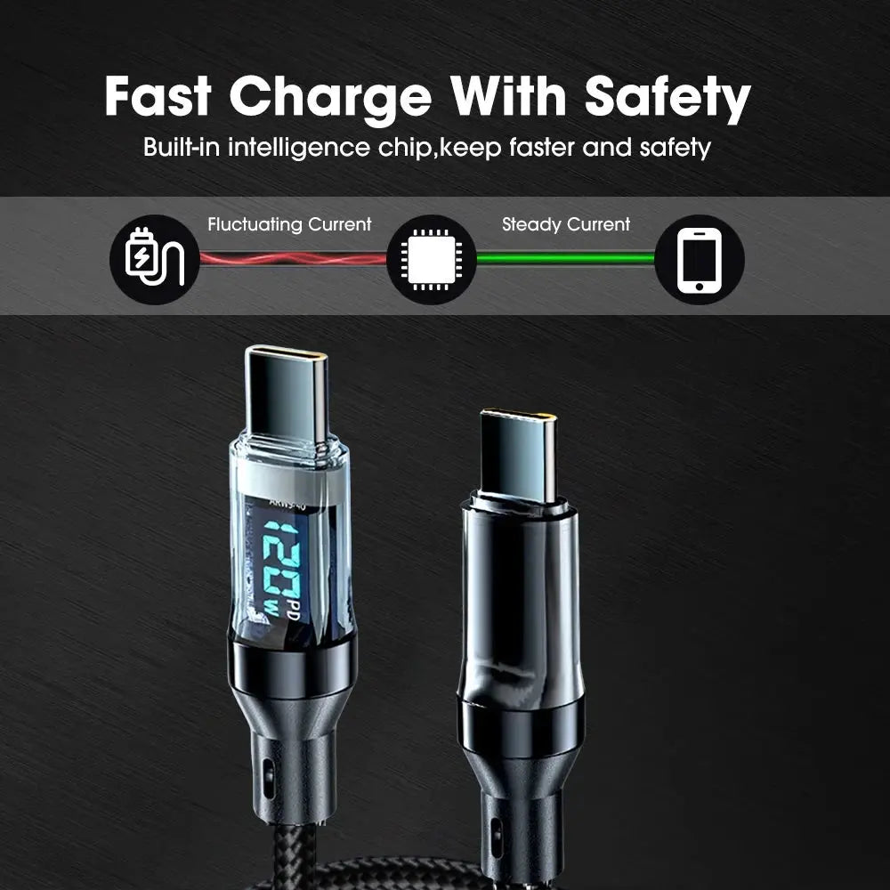 Cavo da 120 W da tipo C a tipo C Cavo di ricarica super veloce per telefono con display a LED Cavo dati da USB a tipo C per huawei oppo vivo - My Hashtag Shop