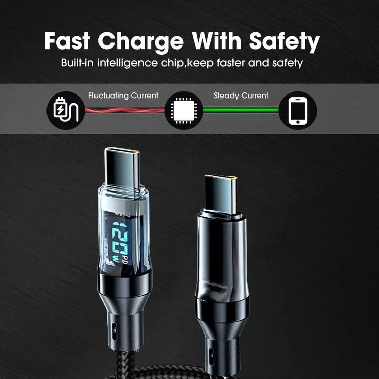 Cavo da 120 W da tipo C a tipo C Cavo di ricarica super veloce per telefono con display a LED Cavo dati da USB a tipo C per huawei oppo vivo - My Hashtag Shop