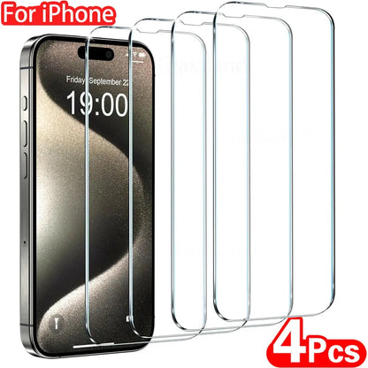 4 pezzi di vetro temperato per iPhone 16 15 14 13 12 11 Pro Max protezione dello schermo per iPhone 7 8 Plus X XS Max XR pellicola protettiva in vetro - My Hashtag Shop