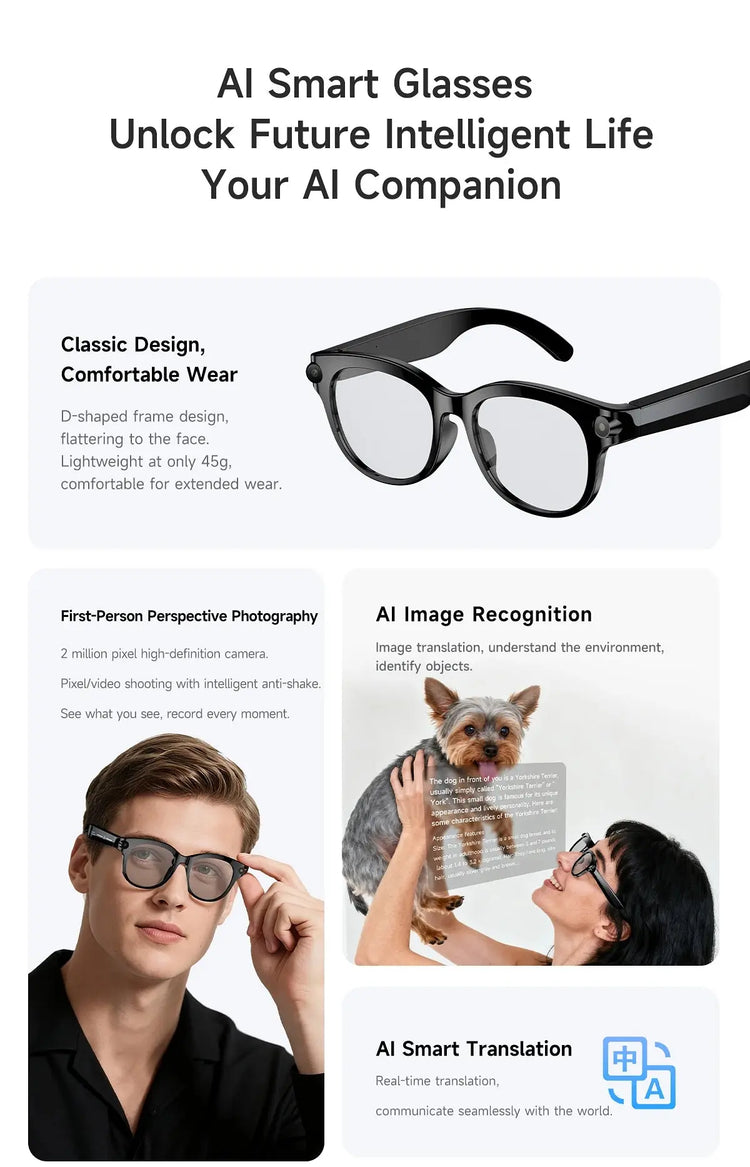 Occhiali Smart AI 2026 per Uomo e Donna, Fotocamera HD 200W, Video 1080P, Assistente Vocale AI, Traduzione, Riproduzione Musicale, Torcia LED HASHTAG