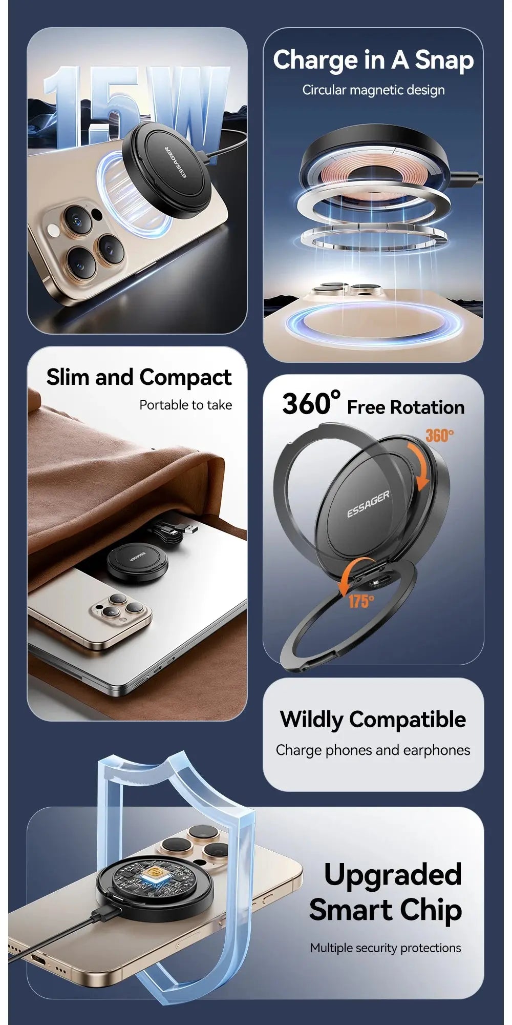 Caricabatterie wireless magnetico Essager con supporto 15W ricarica rapida per iPhone16 15 14 13Pro Max Airpods Mini caricabatterie per telefono wireless - My Hashtag Shop