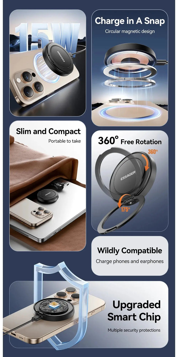 Caricabatterie wireless magnetico Essager con supporto 15W ricarica rapida per iPhone16 15 14 13Pro Max Airpods Mini caricabatterie per telefono wireless - My Hashtag Shop