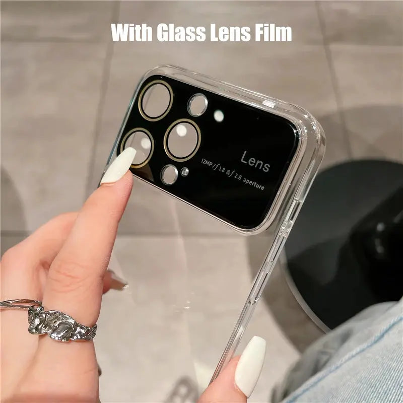Custodia protettiva per fotocamera con obiettivo in vetro duro trasparente per PC con placcatura di lusso per iPhone 15 13 11 12 14 Pro Max Copertura completa per paraurti trasparente - My Hashtag Shop
