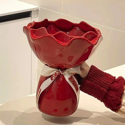 Vaso in ceramica Vaso a forma di fiore di rosa Decorazione da scrivania Bouquet di fiori per la casa Vasi floreali decorativi Decorazione estetica della stanza HASHTAG