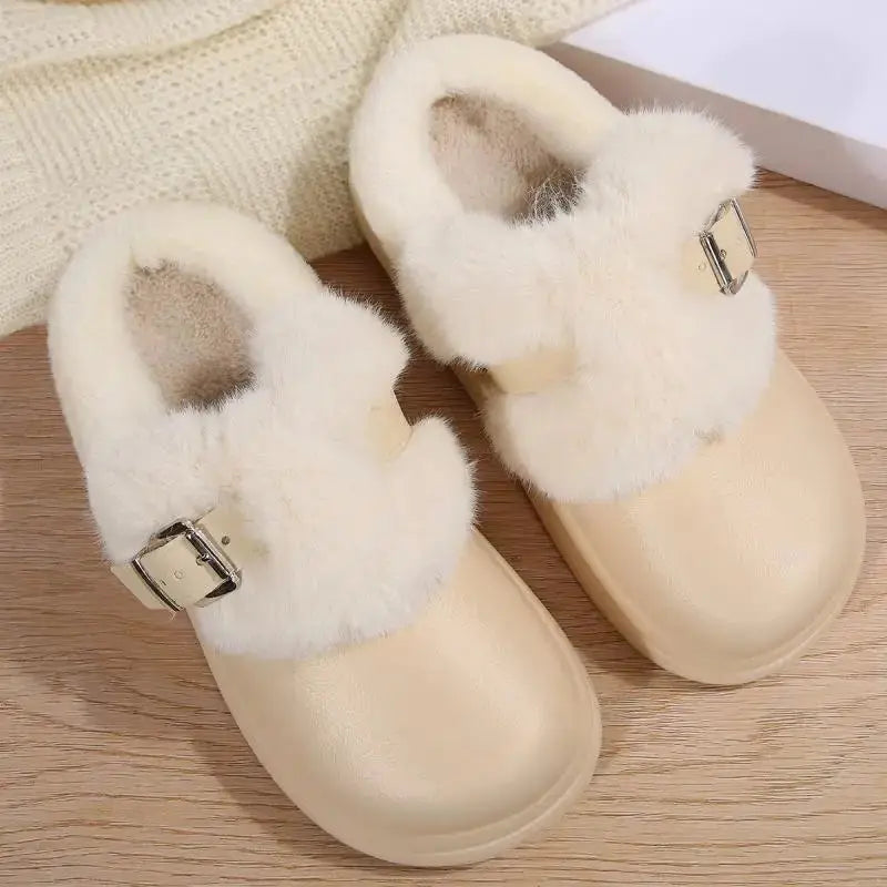 Thick Bottom Furry Clogs Women 2025 Winter Metal Buckle Waterproof Eva Plush Slippers Liebe - Making Life Easier
