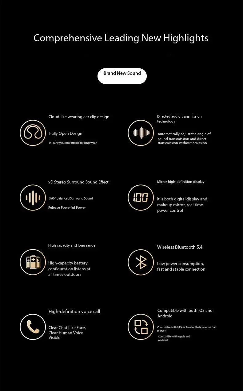 Nuova superficie a specchio Display digitale Clip per orecchio in silicone morbido Cuffie Bluetooth wireless con riduzione del rumore, alta definizione, senza perdita per lo sport - My Hashtag Shop