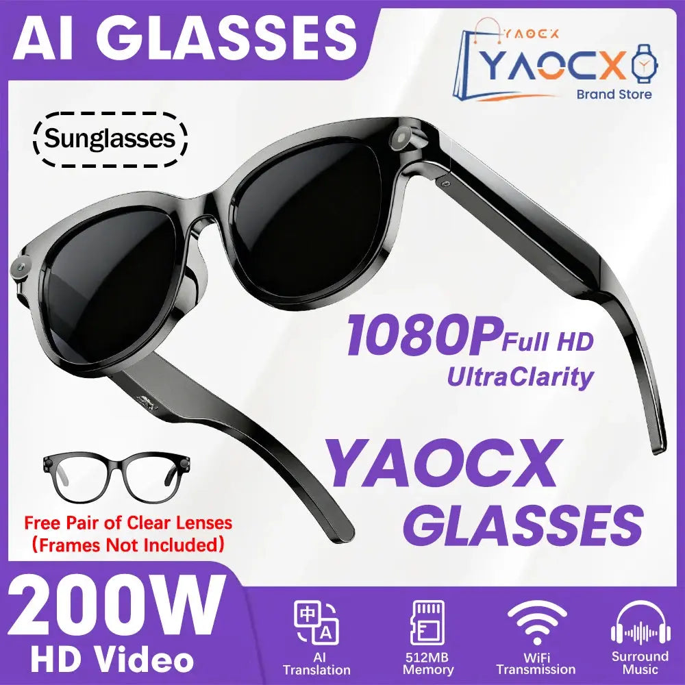 Occhiali Smart AI 2026 per Uomo e Donna, Fotocamera HD 200W, Video 1080P, Assistente Vocale AI, Traduzione, Riproduzione Musicale, Torcia LED HASHTAG