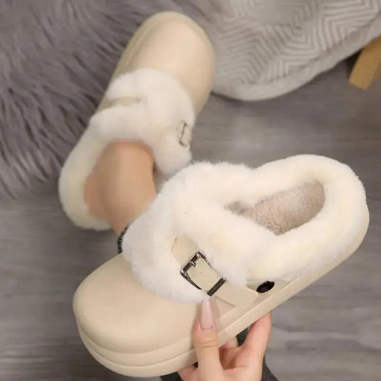 Thick Bottom Furry Clogs Women 2025 Winter Metal Buckle Waterproof Eva Plush Slippers Liebe - Making Life Easier