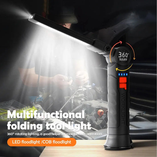 Luci da lavoro ricaricabili Torcia pieghevole a LED con base magnetica COB Light 360 ° Ruota il campeggio di emergenza del garage domestico di riparazione auto - My Hashtag Shop
