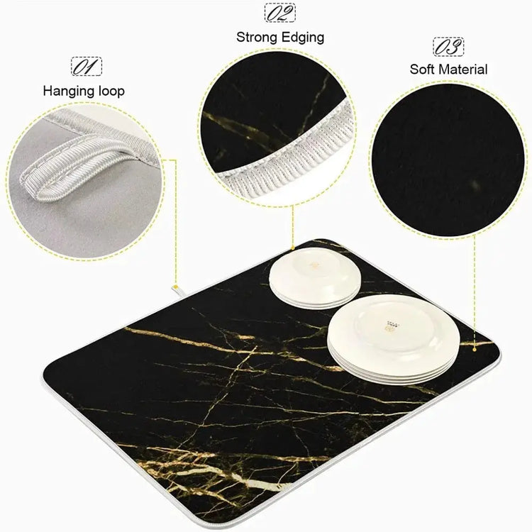 Absorbent Dish Drying Mat for Kitchen Counter with Hanging Loop Black Marble Gold - HASHTAG