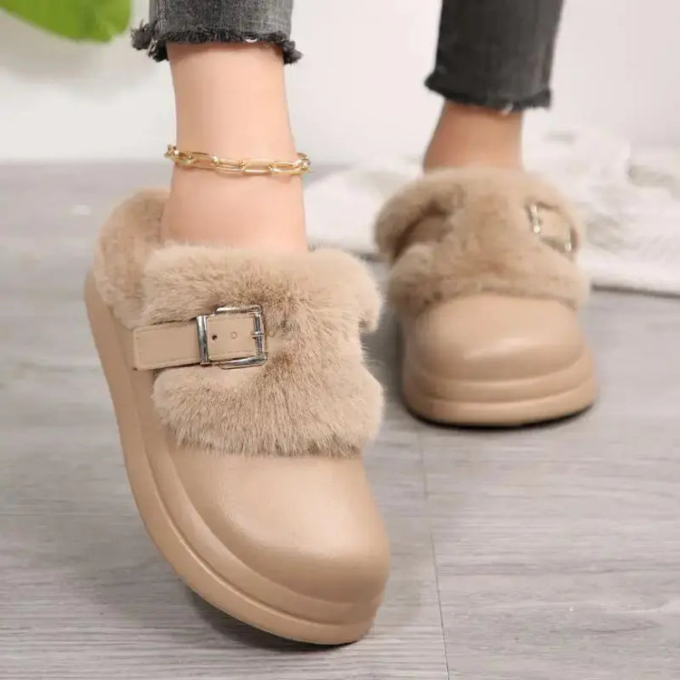 Thick Bottom Furry Clogs Women 2025 Winter Metal Buckle Waterproof Eva Plush Slippers Liebe - Making Life Easier