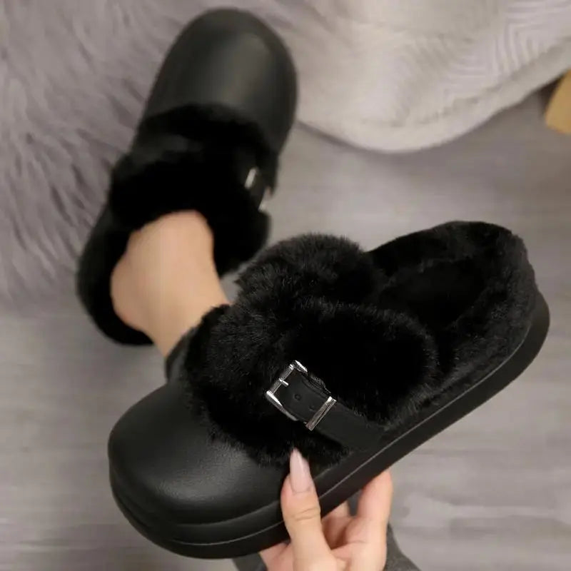 Thick Bottom Furry Clogs Women 2025 Winter Metal Buckle Waterproof Eva Plush Slippers Liebe - Making Life Easier