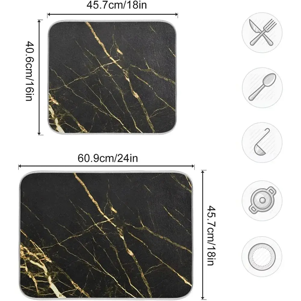 Absorbent Dish Drying Mat for Kitchen Counter with Hanging Loop Black Marble Gold - HASHTAG