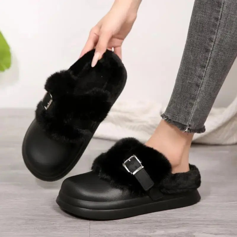 Thick Bottom Furry Clogs Women 2025 Winter Metal Buckle Waterproof Eva Plush Slippers Liebe - Making Life Easier