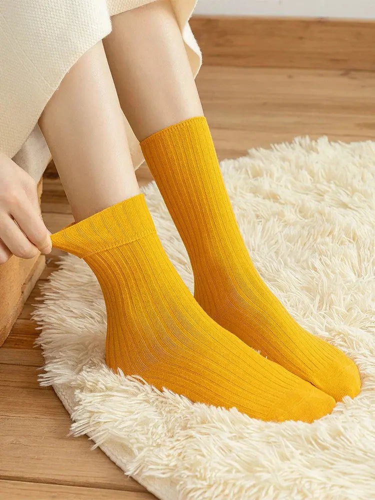 Women Cotton Loose Socks 10Pairs Retro Knitting Solid Color Long Black Liebe - Making Life Easier