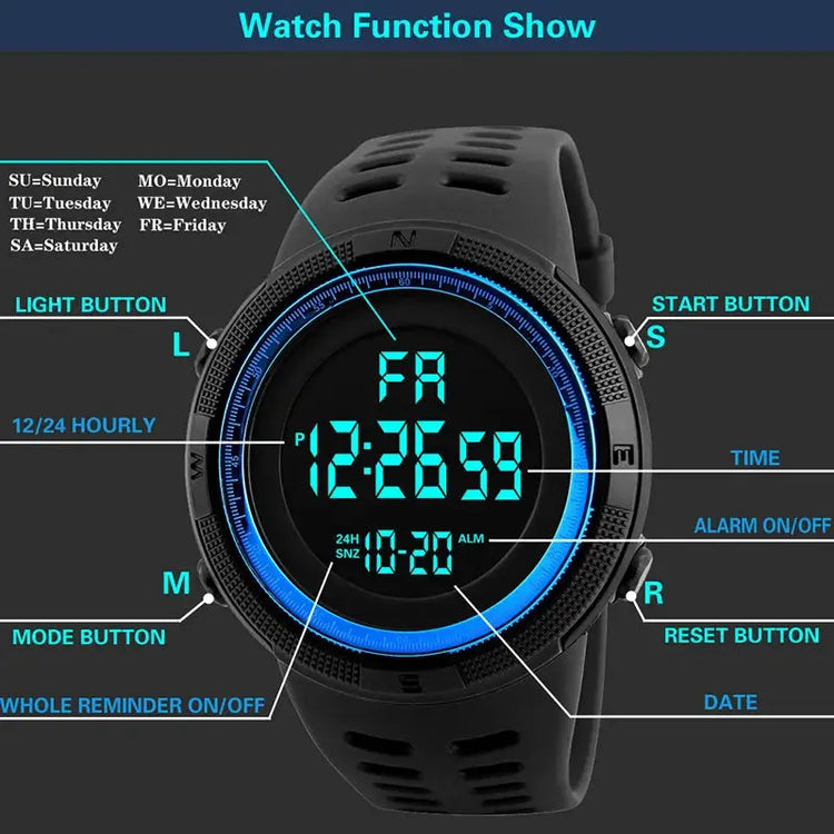 Orologio elettronico da uomo Orologi sportivi militari Orologio da polso digitale multifunzione luminoso a LED per uomo, bambino, ragazzo, studente, adolescente - My Hashtag Shop