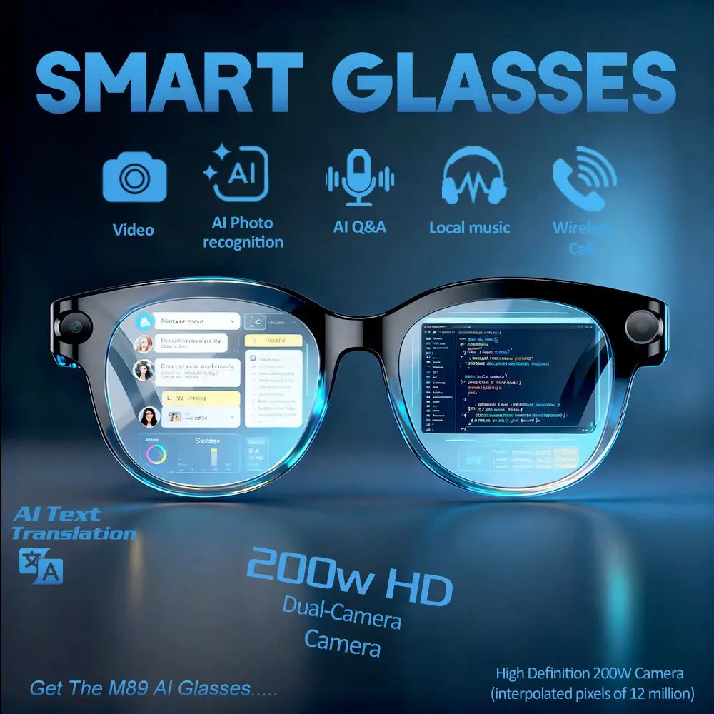Occhiali Smart AI 2026 per Uomo e Donna, Fotocamera HD 200W, Video 1080P, Assistente Vocale AI, Traduzione, Riproduzione Musicale, Torcia LED HASHTAG