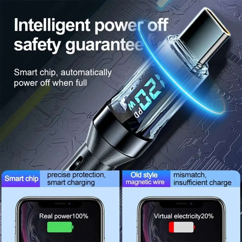 Cavo da 120 W da tipo C a tipo C Cavo di ricarica super veloce per telefono con display a LED Cavo dati da USB a tipo C per huawei oppo vivo - My Hashtag Shop