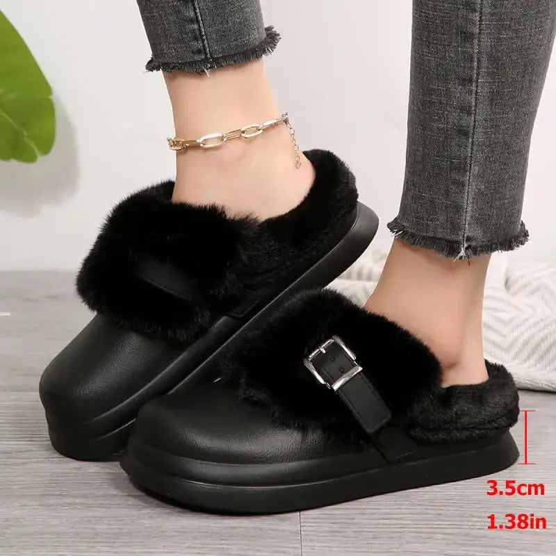 Thick Bottom Furry Clogs Women 2025 Winter Metal Buckle Waterproof Eva Plush Slippers Liebe - Making Life Easier