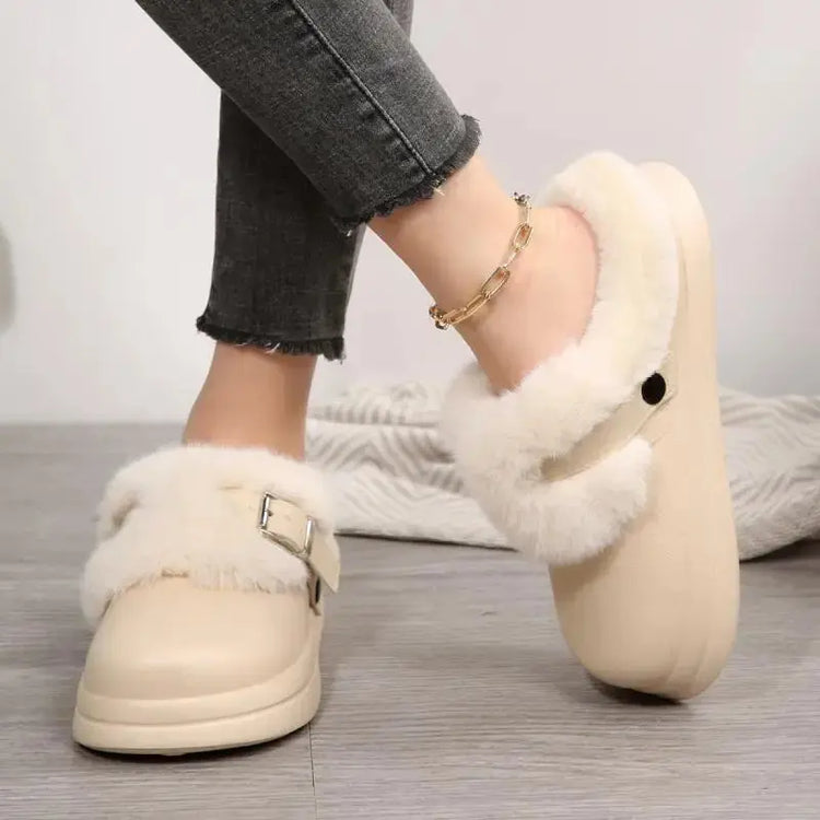 Thick Bottom Furry Clogs Women 2025 Winter Metal Buckle Waterproof Eva Plush Slippers Liebe - Making Life Easier