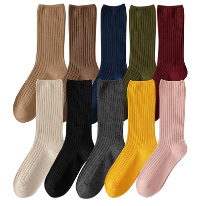 Women Cotton Loose Socks 10Pairs Retro Knitting Solid Color Long Black Liebe - Making Life Easier