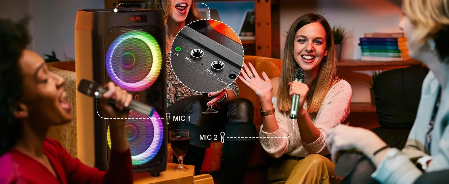 Macchina T9Karaoke con 2 microfoni wireless, altoparlante Bluetooth portatile per adulti e bambini, sistema PA per grandi feste con luci da discoteca - My Hashtag Shop