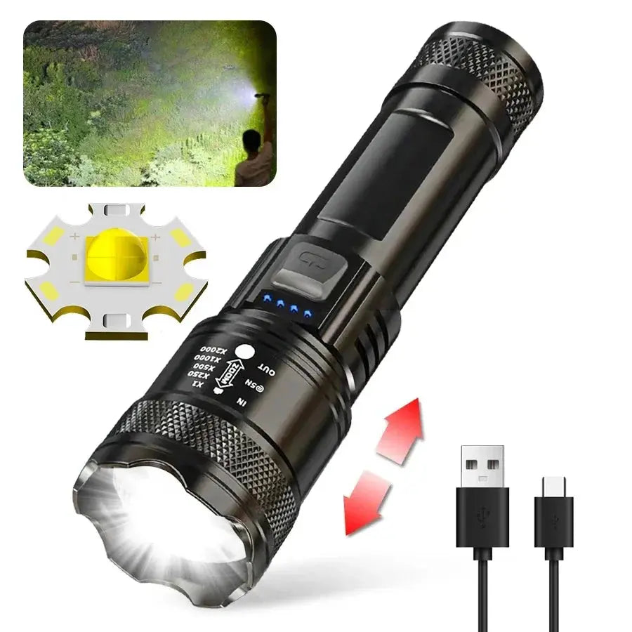 Torce a LED ad alta potenza Torcia tattica da 2000LM con luce display Ricarica USB Lanterna con zoom di emergenza per pesca da campeggio - My Hashtag Shop