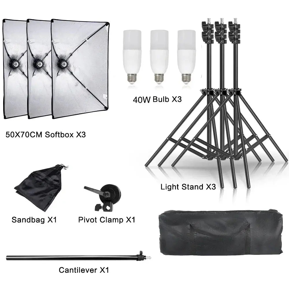 SH Kit di illuminazione Fotografia 50x70CM Softbox Sistema di illuminazione professionale con lampadine fotografiche E27 Attrezzatura per studio fotografico - My Hashtag Shop