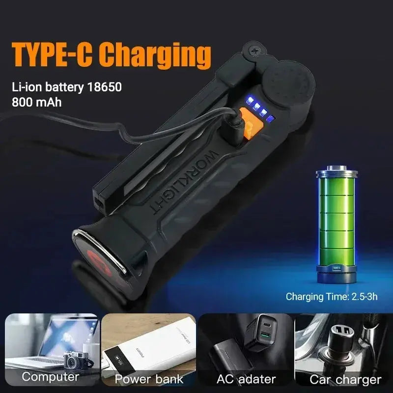 Torcia portatile a LED COB Lampada da lavoro ricaricabile USB Lanterna magnetica Lampada a sospensione con batteria incorporata Torcia da campeggio - My Hashtag Shop