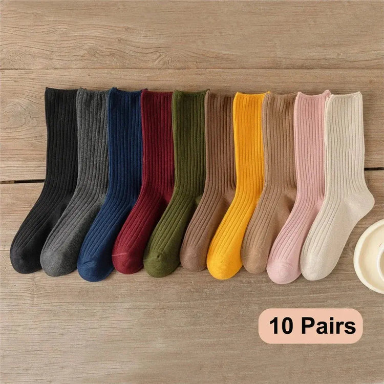Women Cotton Loose Socks 10Pairs Retro Knitting Solid Color Long Black Liebe - Making Life Easier