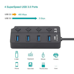 HUB USB 3.0 4-en-1, rupartiteur USB 2.0, multiporta Adaptateur, Interrupteur D'alimentation independant, Rallonge De C?ble De 3 HASHTAG