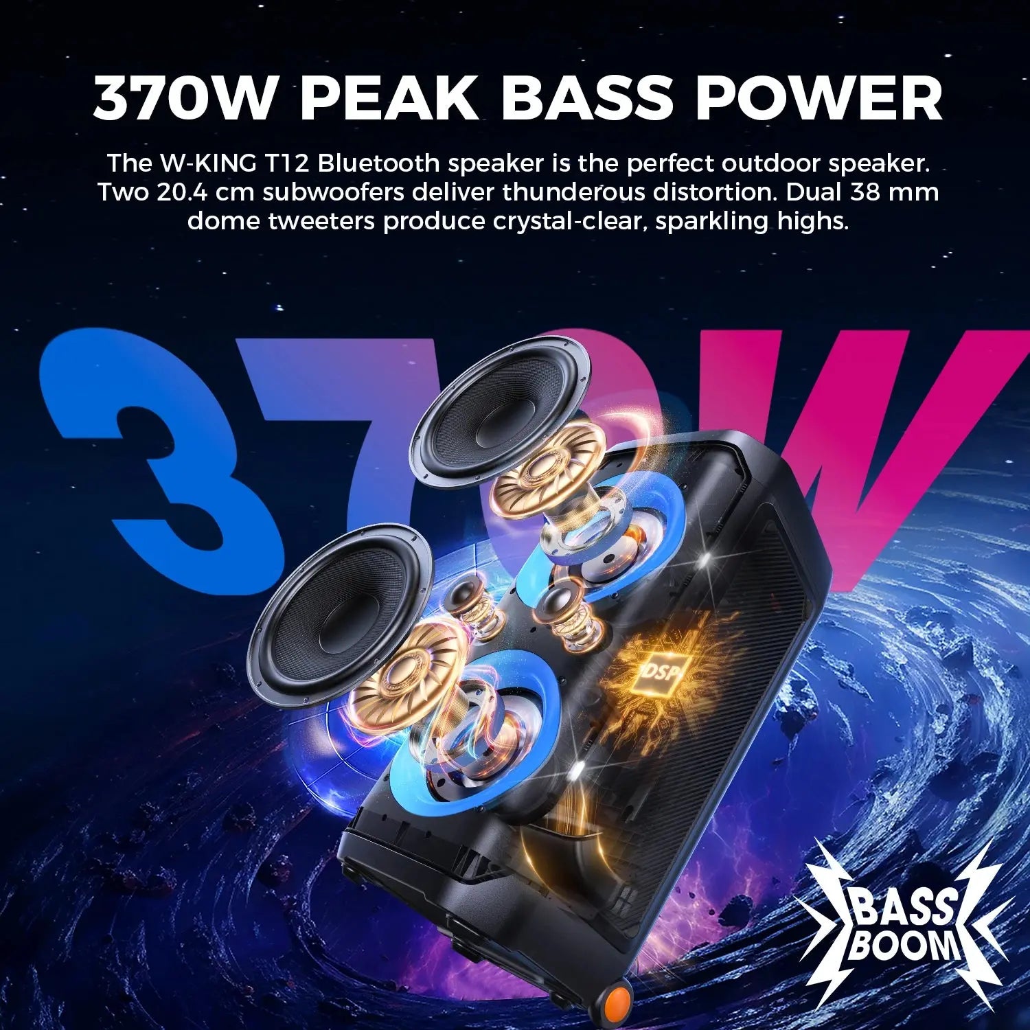 W-KING T12 Tragbare Bluetooth-sprecher-Box con suono MAX Pro da 370 W, Lichtshow, CSB, Bass Boost, Rollen e Teleskopgriff - My Hashtag Shop