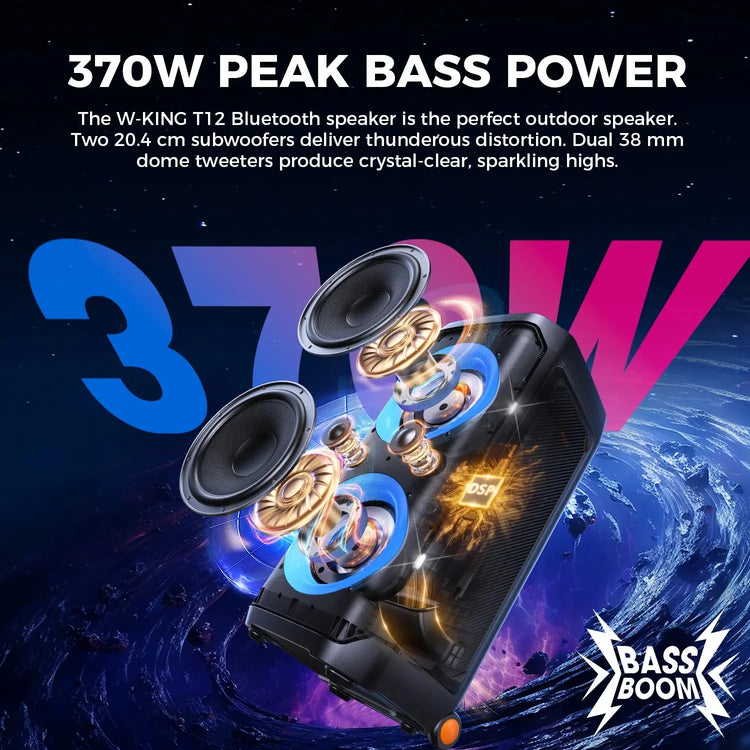 W-KING T12 Tragbare Bluetooth-sprecher-Box con suono MAX Pro da 370 W, Lichtshow, CSB, Bass Boost, Rollen e Teleskopgriff - My Hashtag Shop