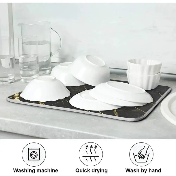 Absorbent Dish Drying Mat for Kitchen Counter with Hanging Loop Black Marble Gold - HASHTAG