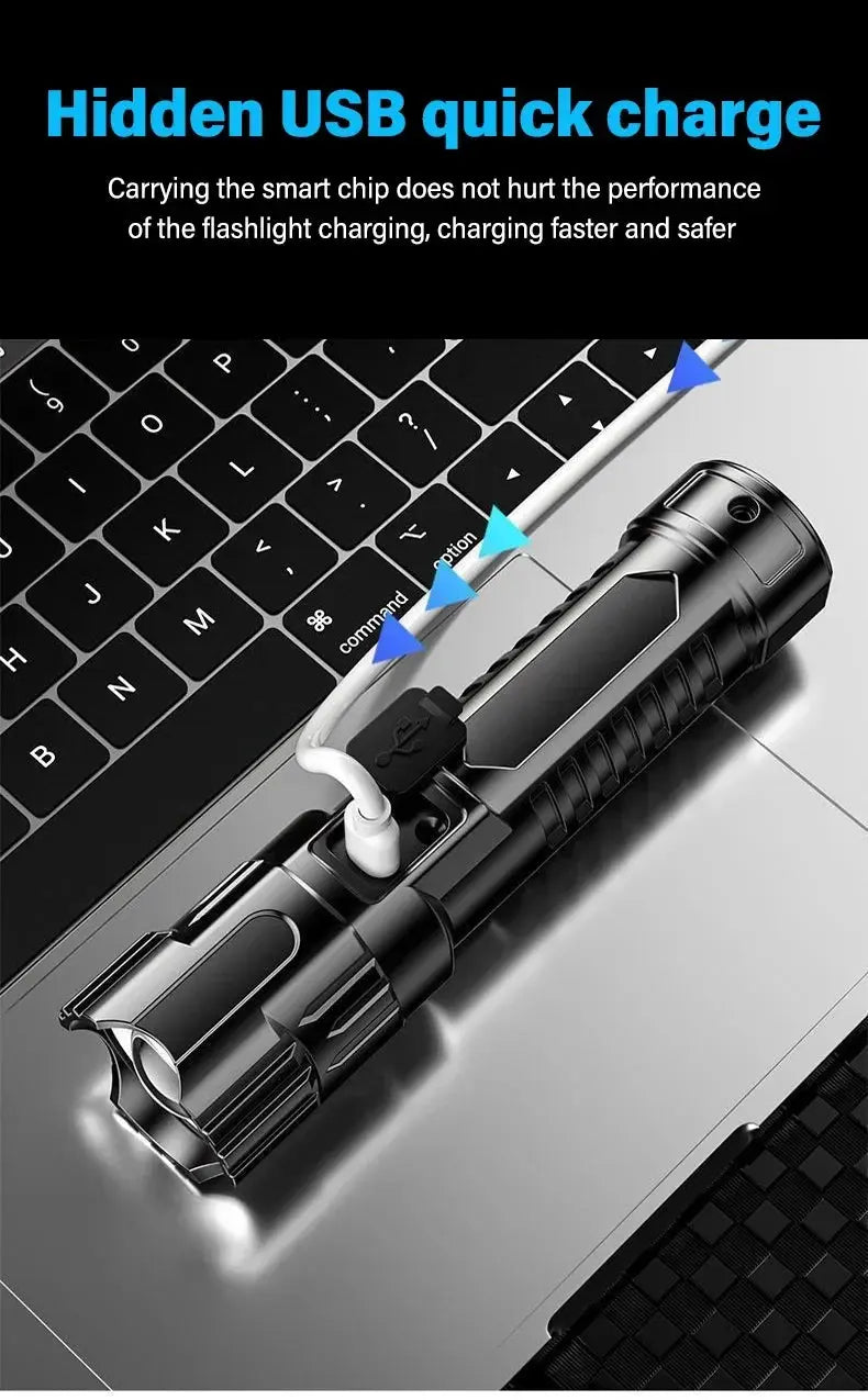 Torce a LED ad alta potenza Torcia tattica da 2000LM con luce display Ricarica USB Lanterna con zoom di emergenza per pesca da campeggio - My Hashtag Shop