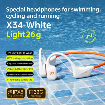 POLVCDG x34 Auricolari a Conduzione Ossea per Nuoto, con Testina in Silicone, Memoria da 32GB, Impermeabili IPX8, 26g, per Sport e Arrampicata