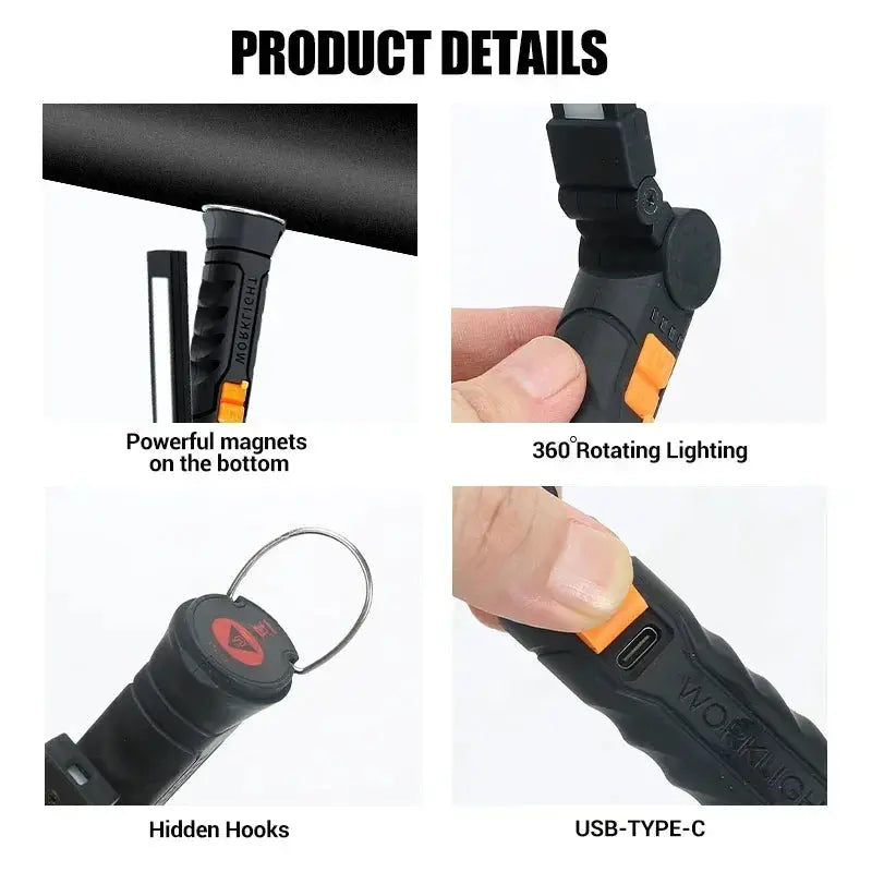 Torcia portatile a LED COB Lampada da lavoro ricaricabile USB Lanterna magnetica Lampada a sospensione con batteria incorporata Torcia da campeggio - My Hashtag Shop