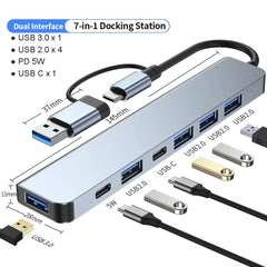 Hub USB C Hub USB 3.0, prolunga USB 7 in 1 in alluminio, splitter USB con USB 3.0, 4 porte USB 2.0 e 2 USB C Distributore USB HASHTAG