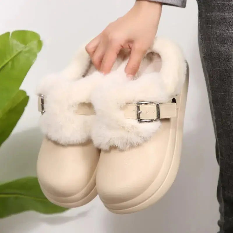 Thick Bottom Furry Clogs Women 2025 Winter Metal Buckle Waterproof Eva Plush Slippers Liebe - Making Life Easier