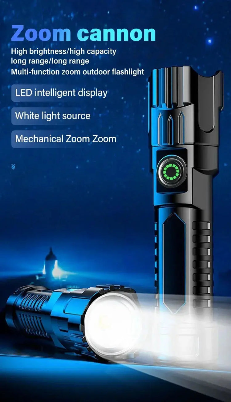 Torce a LED ad alta potenza Torcia tattica da 2000LM con luce display Ricarica USB Lanterna con zoom di emergenza per pesca da campeggio - My Hashtag Shop