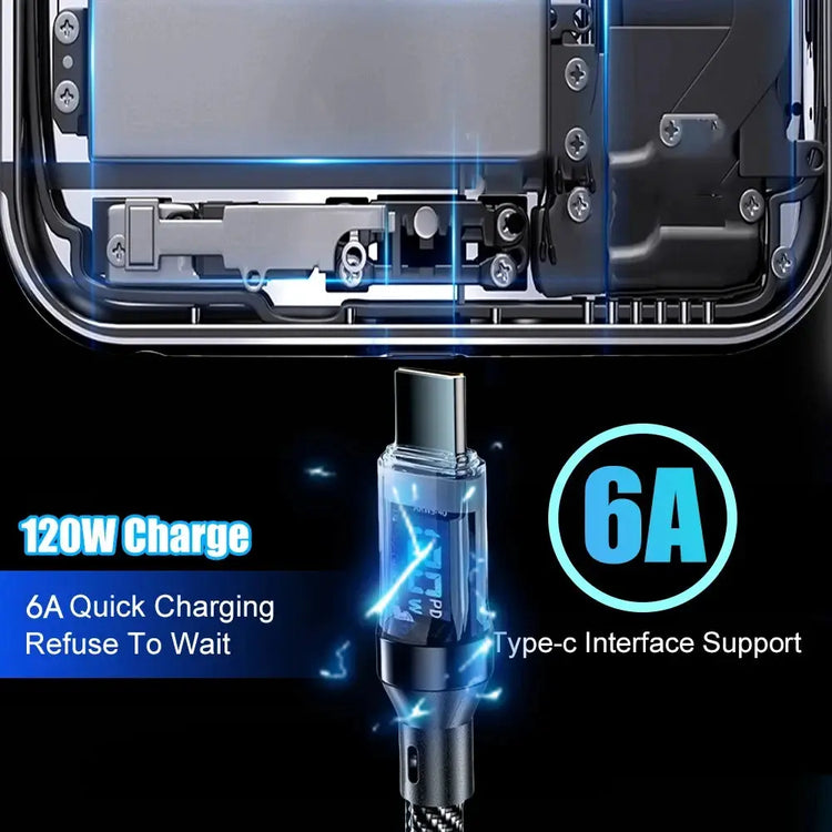 Cavo da 120 W da tipo C a tipo C Cavo di ricarica super veloce per telefono con display a LED Cavo dati da USB a tipo C per huawei oppo vivo - My Hashtag Shop