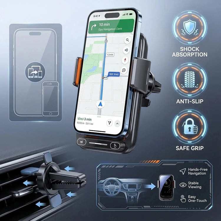 Caricatore per telefono per auto Supporto per telefono Caricatore wireless e cablato da 15 W Rilevamento automatico Rilascio e rotazione con un solo tocco Certificato Qi FCC ROHS - My Hashtag Shop