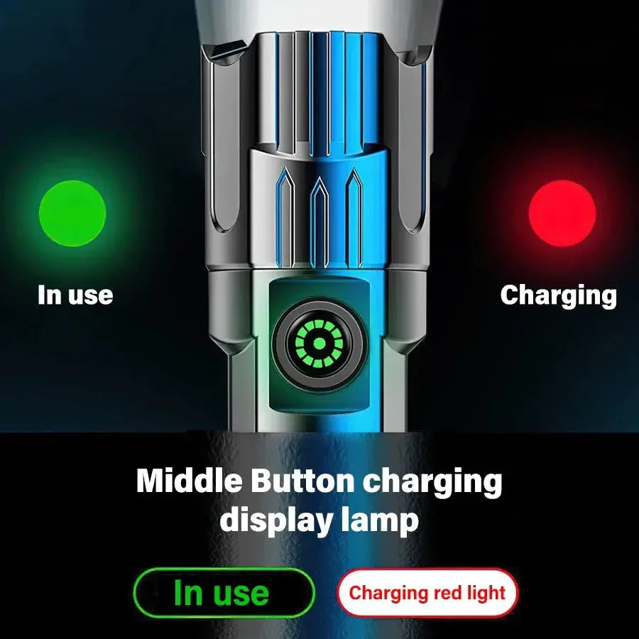 Torce a LED ad alta potenza Torcia tattica da 2000LM con luce display Ricarica USB Lanterna con zoom di emergenza per pesca da campeggio - My Hashtag Shop