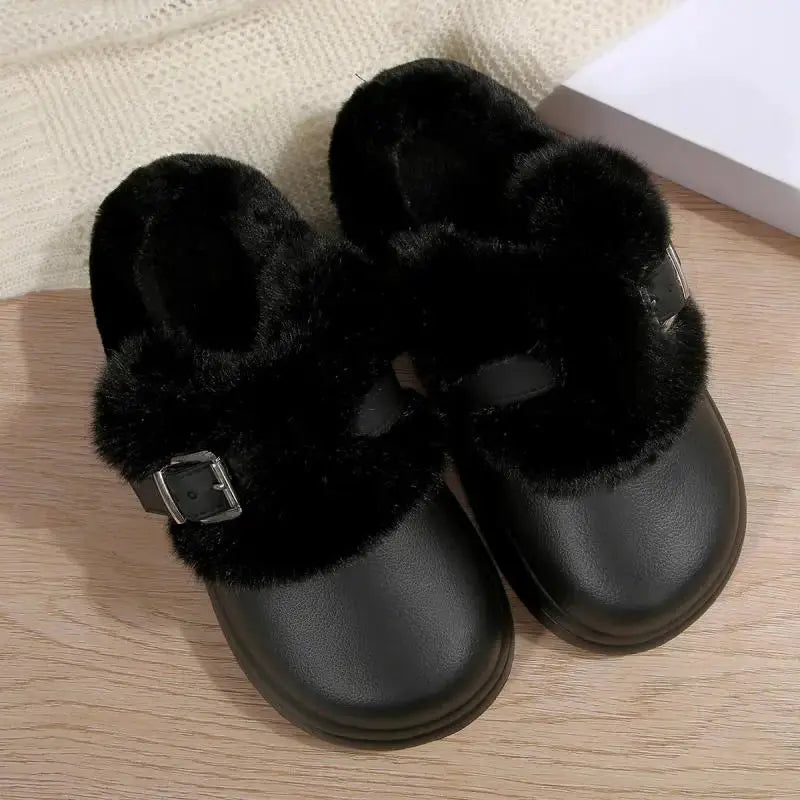 Thick Bottom Furry Clogs Women 2025 Winter Metal Buckle Waterproof Eva Plush Slippers Liebe - Making Life Easier