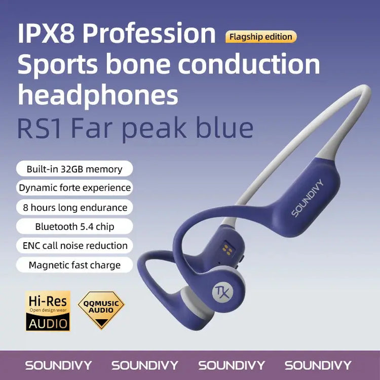 SOUNDIVY RS1 Auricolari a conduzione ossea Bluetooth Wireless Memoria da 32 GB IPX8 Auricolari sportivi per nuoto e corsa impermeabili - My Hashtag Shop