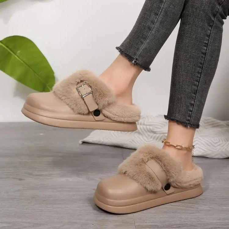 Thick Bottom Furry Clogs Women 2025 Winter Metal Buckle Waterproof Eva Plush Slippers Liebe - Making Life Easier