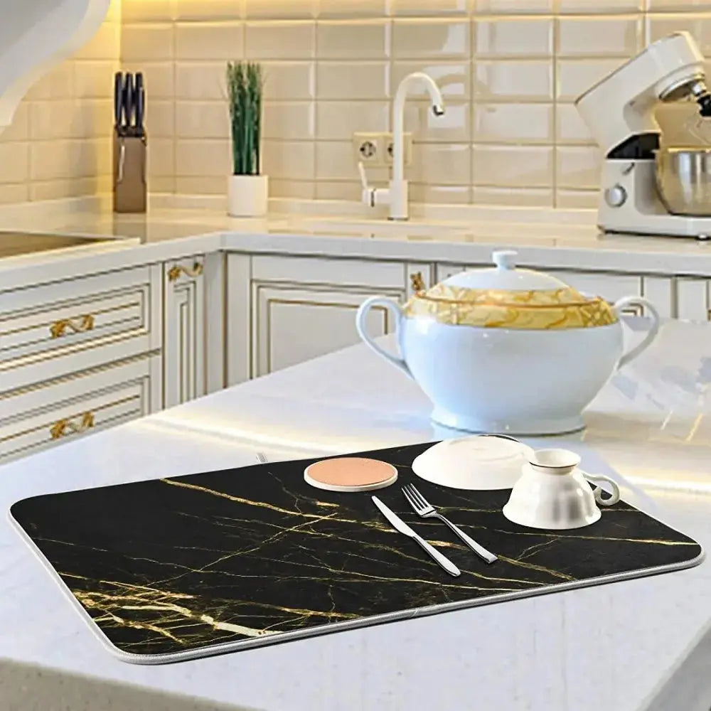 Absorbent Dish Drying Mat for Kitchen Counter with Hanging Loop Black Marble Gold - HASHTAG