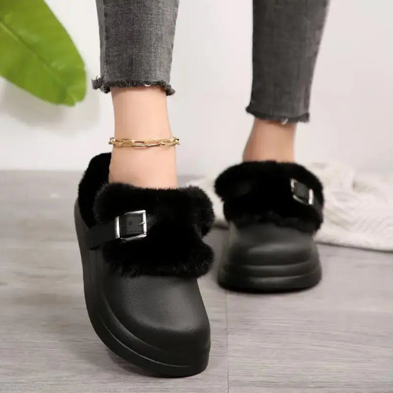 Thick Bottom Furry Clogs Women 2025 Winter Metal Buckle Waterproof Eva Plush Slippers Liebe - Making Life Easier